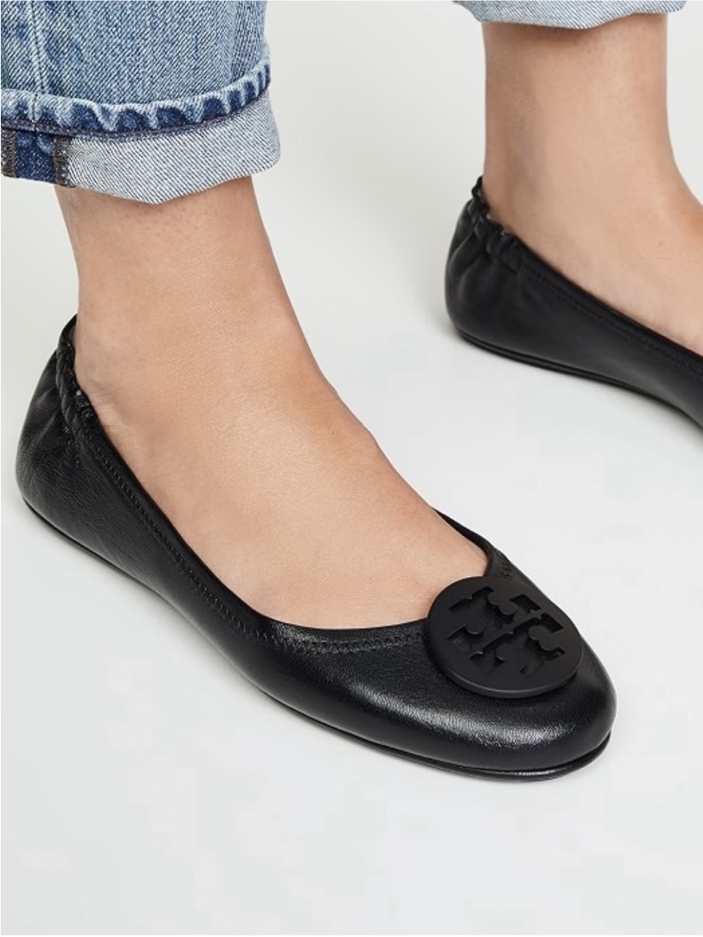 Tory Burch Black Leather Logo Round-Toe Ballet Flats